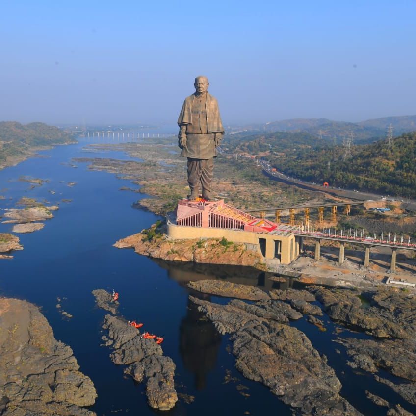The Statue of Unity at Kevadia, Gujarat, surrounded by the Narmada river