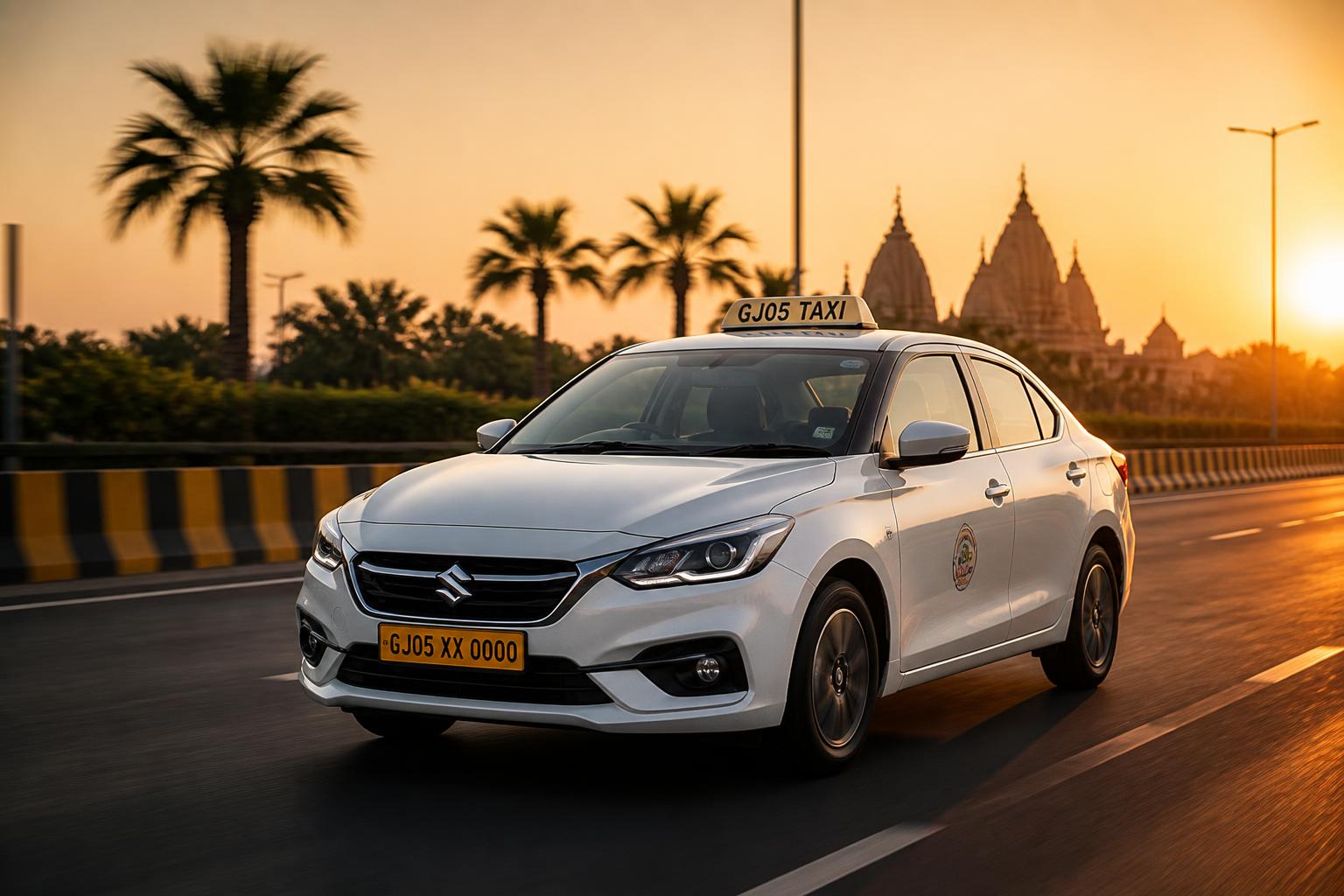 Modern white cab from Jamnagar Cab Line driving on a Gujarat highway at sunset